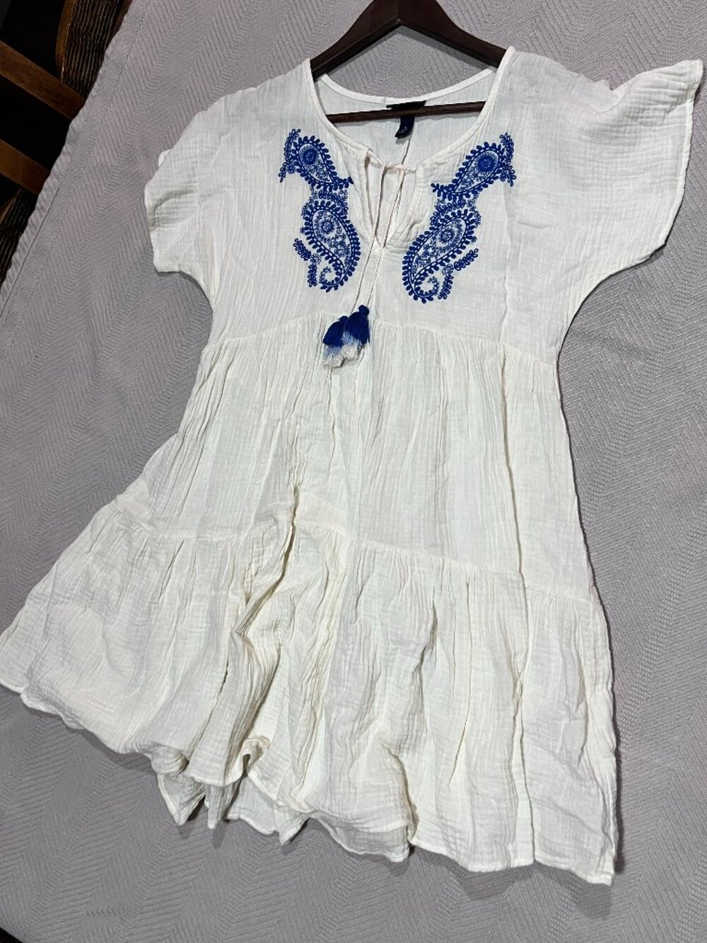 Scoop Women's Gauze Embroidered Tassel Mini Dress Flutter Sleeve Beach Boho